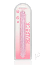RealRock Crystal Clear Double Dong 13 Inch Pink in packaging, designed for versatile pleasure and stimulation.