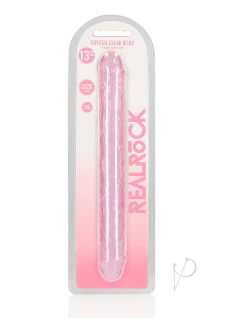 RealRock Crystal Clear Double Dong 13 Inch Pink in packaging, designed for versatile pleasure and stimulation.