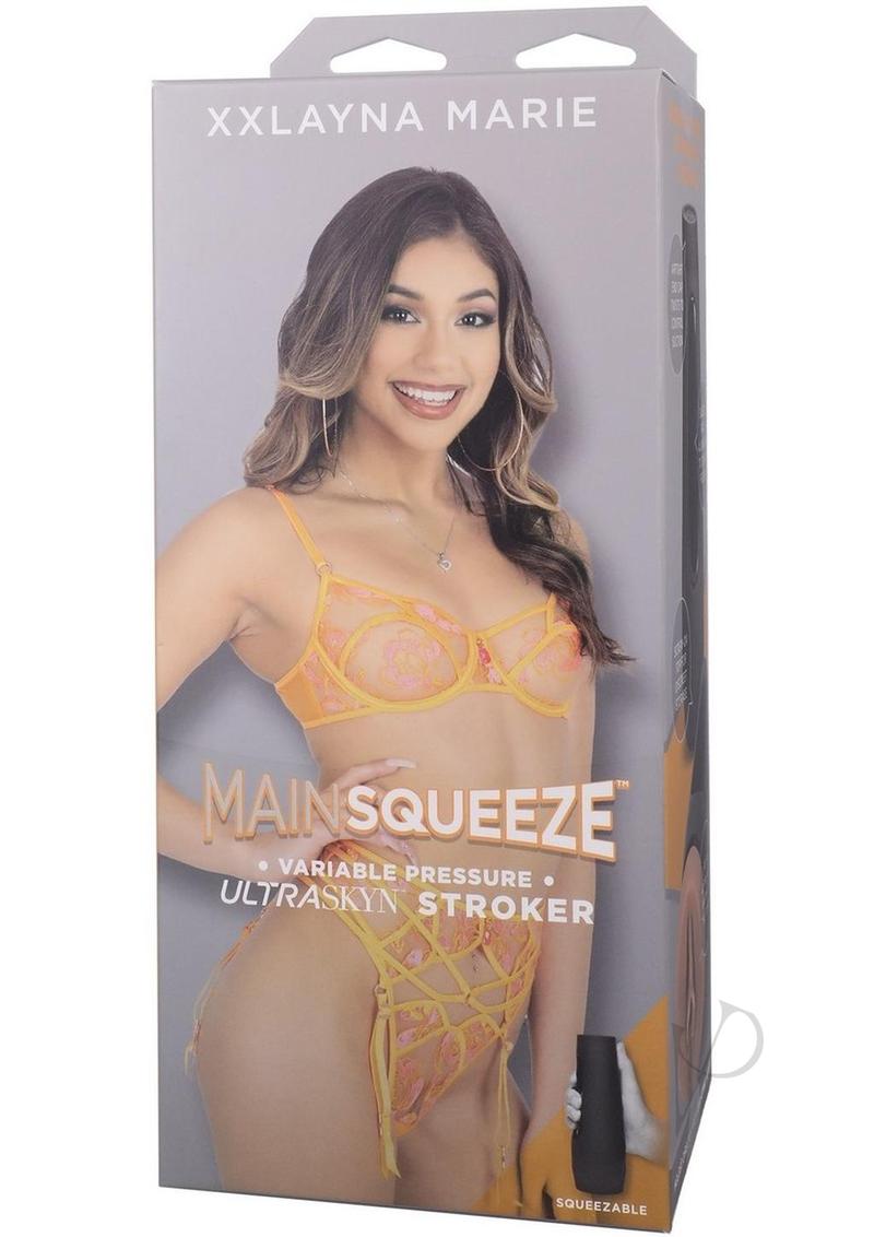 Main Squeeze Xxlayna Marie Ultraskyn Masturbator Caramel package featuring the product and Xxlayna Marie in lingerie.