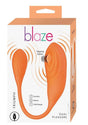 Blaze Triumph Rechargeable Silicone Dual Vibrator Orange packaging showcasing its dual motors and tapping functions.