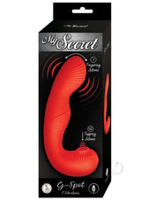 My Secret G-Spot Silicone Clitoral Vibrator Red packaging featuring sleek design and specifications.