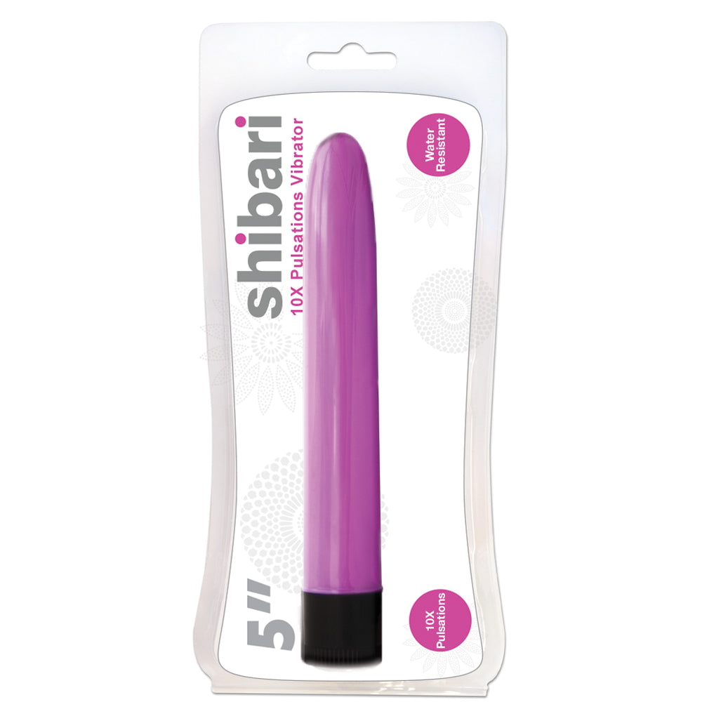 Shibari 10x Pulsations Vibrator 5 inch Pink packaging featuring a slender design and vibrant color.