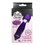 Hello Sexy Bling & Bling Mini Wand Purple in packaging with features like pure silicone tip and bendable neck.