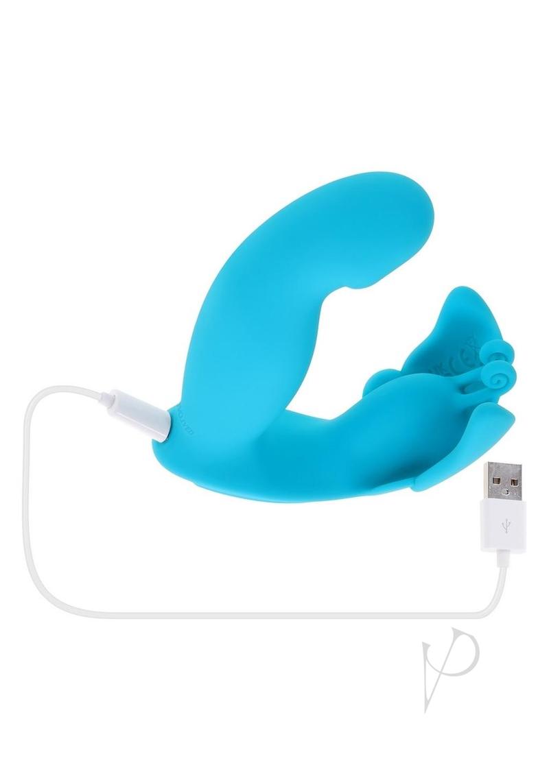 Spread Your Wings Rechargeable Silicone Multi Vibrator Blue, a blue silicone multi vibrator with a USB charging cable.
