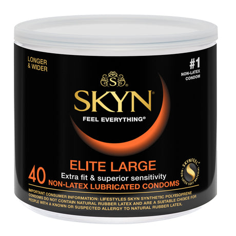 Lifestyles Skyn Elite Large 40ct Non-Latex Condoms Bowl packaging showcasing comfort and sensitivity.