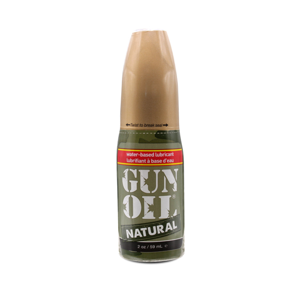 Gun Oil Natural Water-based Lubricant 2 Oz bottle with green design and beige cap on white background.
