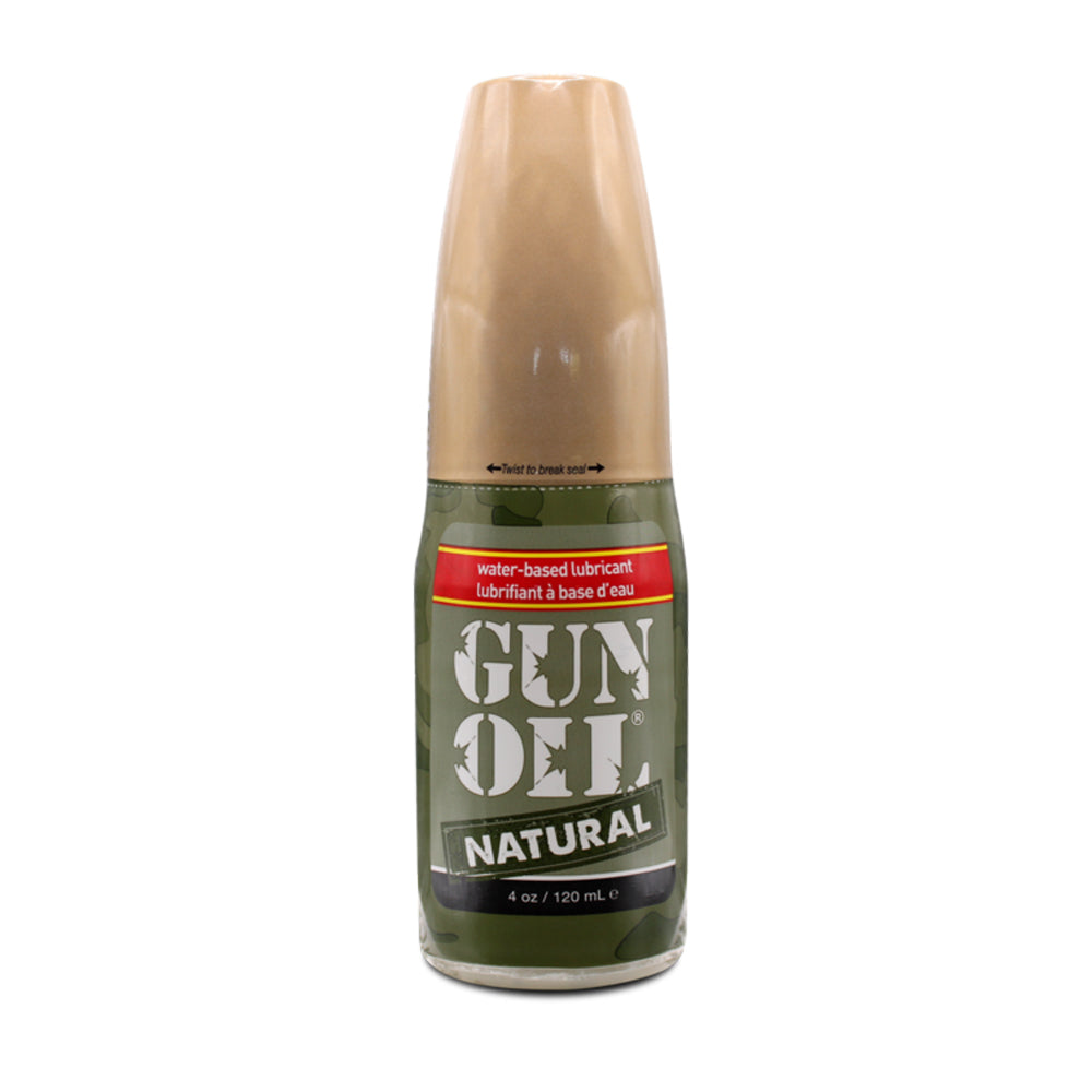 Gun Oil Natural Water-based Lubricant 4 Oz bottle featuring a camo design and easy-to-use cap.