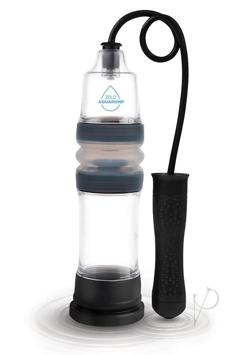 Zolo Aquapump Auto Pro Silicone Penis Pump Black/Blue design featuring clear body and ergonomic grip.