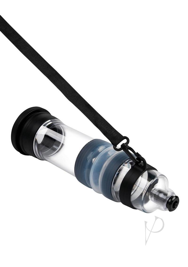 Zolo Aquapump Auto Pro Silicone Penis Pump Black/Blue with strap, clear and silicone design for versatile use.
