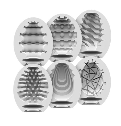 Satisfyer Masturbator Egg 6 Set featuring six unique textured eggs for enhanced solo play sensations.