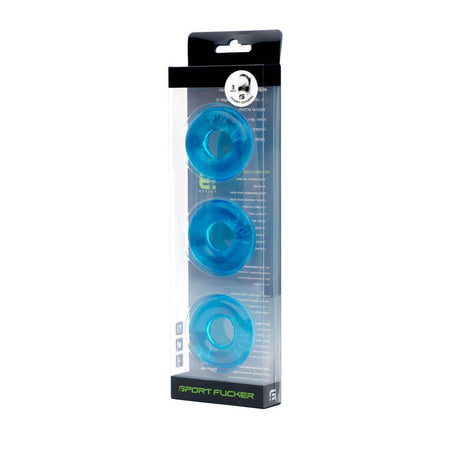 Sport Fucker Rubber Cock Ring 3 Pack Ice Blue in transparent packaging showing three stretchy blue rings.