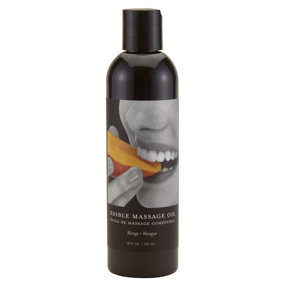 Earthly Body Edible Massage Oil Mango 8 Oz bottle with mango slice, perfect for a flavorful massage experience.
