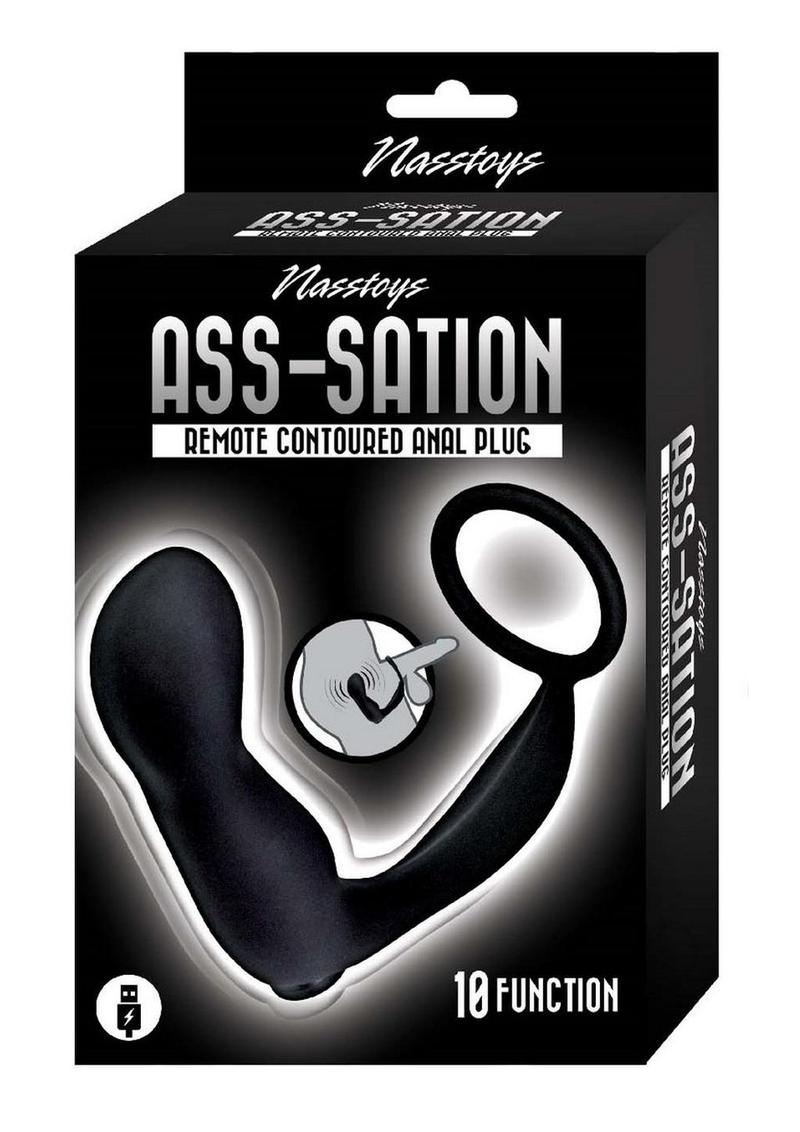 Ass-Sation Silicone Prostate Stimulator Cock Ring Black packaging with remote and bold graphics, showcasing pleasure features.