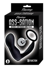 Ass-Sation Silicone Prostate Stimulator Cock Ring Black packaging with remote and bold graphics, showcasing pleasure features.