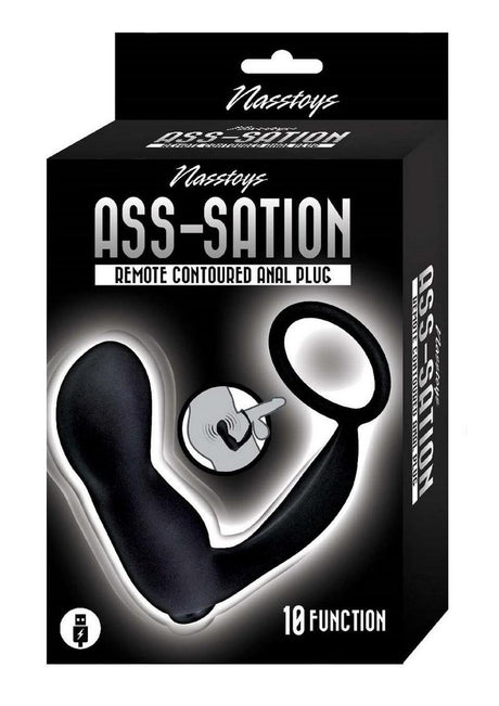 Ass-Sation Silicone Prostate Stimulator Cock Ring Black packaging with remote and bold graphics, showcasing pleasure features.