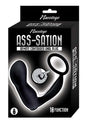 Ass-Sation Silicone Prostate Stimulator Cock Ring Black packaging with remote and bold graphics, showcasing pleasure features.