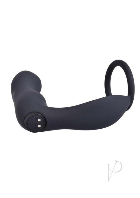 Ass-Sation Silicone Prostate Stimulator Cock Ring Black in smooth silicone with a cock ring and curved prostate plug.