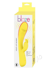 Blaze Heat Up Bunny Silicone Rabbit Vibrator Yellow packaging display with product features.