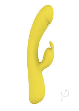 Blaze Heat Up Bunny Silicone Rabbit Vibrator Yellow with dual motors and bunny-eared stimulator for blended pleasure.