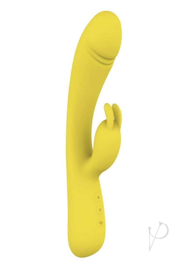 Blaze Heat Up Bunny Silicone Rabbit Vibrator Yellow with dual motors and curved design for blended pleasure.