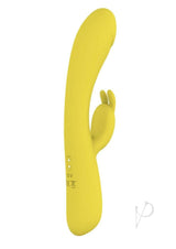 Blaze Heat Up Bunny Silicone Rabbit Vibrator Yellow with dual motors and curved shaft for internal and external pleasure.