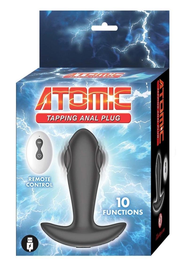 Atomic Tapping Silicone Anal Plug Remote Control Black packaging featuring 10 functions and remote control.