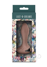 Packaging of Lust-N-Dreams Tango Rechargeable Silicone Anal Plug Brown featuring floral design and product details.