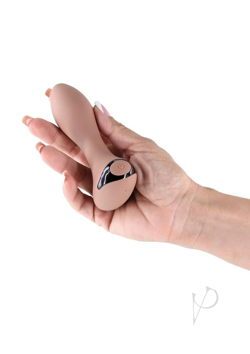 Hand holding the Lust-N-Dreams Tango Rechargeable Silicone Anal Plug Brown showing its compact, ergonomic design.