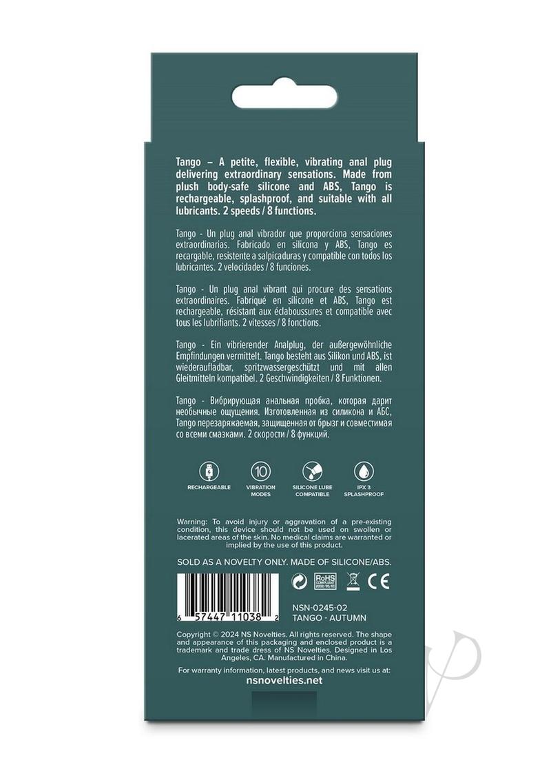 Lust-N-Dreams Tango Rechargeable Silicone Anal Plug Brown packaging back with details on features and materials.