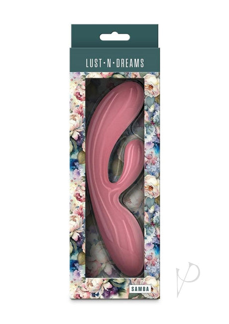 Lust-N-Dreams Samba Silicone Rabbit Vibrator Pink in floral packaging showcasing its elegant design.
