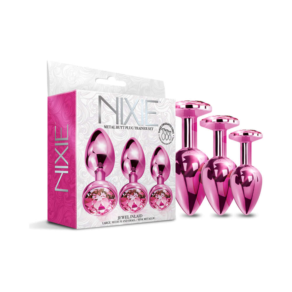 Nixie Metal Butt Plug Trainer Set 3 Piece Pink Metallic in a stylish package showcasing the plugs with jewel details.