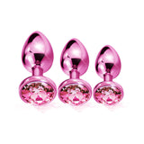 Nixie Metal Butt Plug Trainer Set 3 Piece Pink Metallic showcasing three pink metallic butt plugs with jewels.