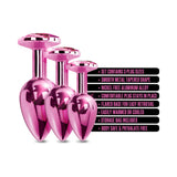 Nixie Metal Butt Plug Trainer Set 3 Piece Pink Metallic with three sizes, smooth aluminum alloy, and storage bag included.