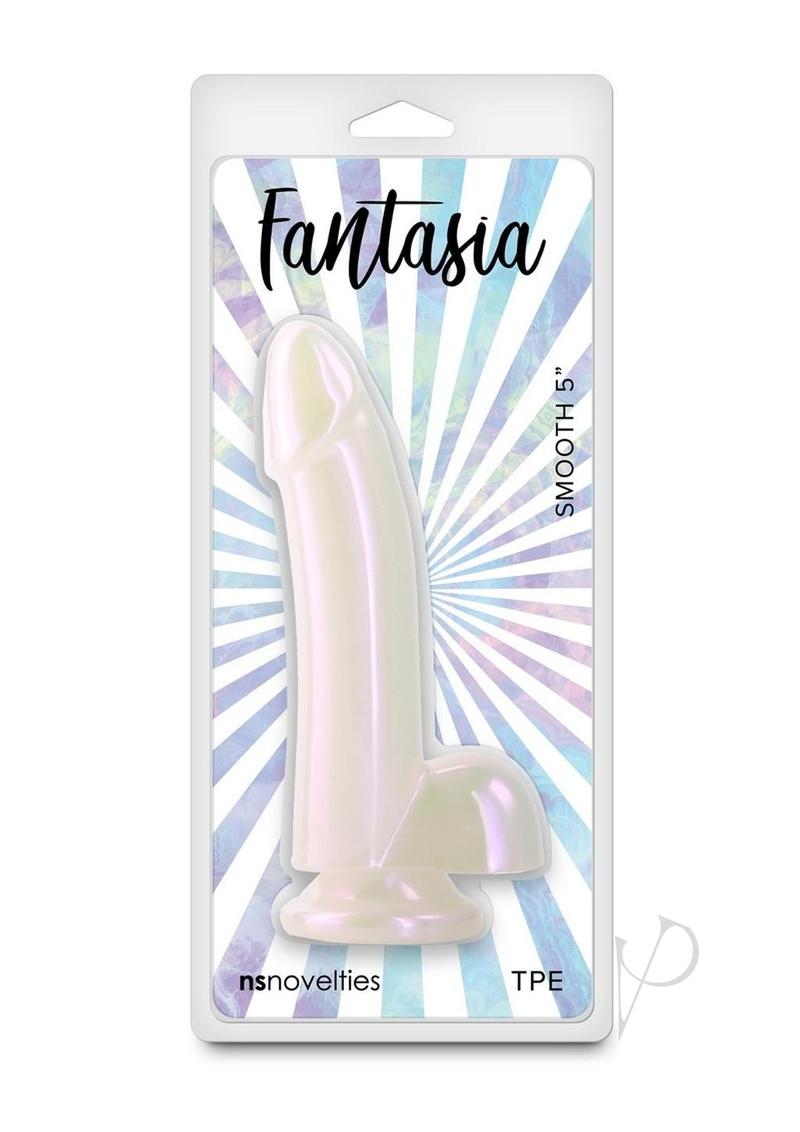 Fantasia Smooth Dildo 5 inch White displayed in packaging with a stylish design and shimmering finish.