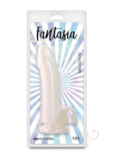 Fantasia Smooth Dildo 5 inch White displayed in packaging with a stylish design and shimmering finish.