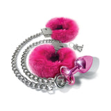 Nixie Metal Butt Plug & Furry Handcuff Set Medium Pink Metallic