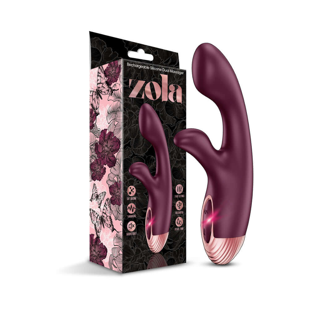 Zola Rechargeable Silicone Warming Dual Massager with packaging and sleek design for powerful dual stimulation.