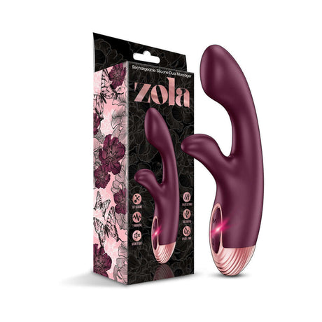 Zola Rechargeable Silicone Warming Dual Massager with packaging and sleek design for powerful dual stimulation.