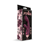 Zola Rechargeable Silicone Warming Dual Massager in elegant packaging with floral design.