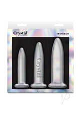 Crystal Trainer Glass Anal Plugs Kit 3pc Set Clear featuring three graduated plugs in a stylish packaging.