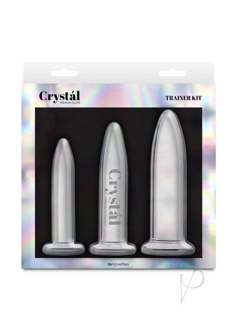 Crystal Trainer Glass Anal Plugs Kit 3pc Set Clear featuring three graduated plugs in a stylish packaging.