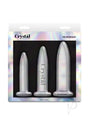 Crystal Trainer Glass Anal Plugs Kit 3pc Set Clear featuring three graduated plugs in a stylish packaging.