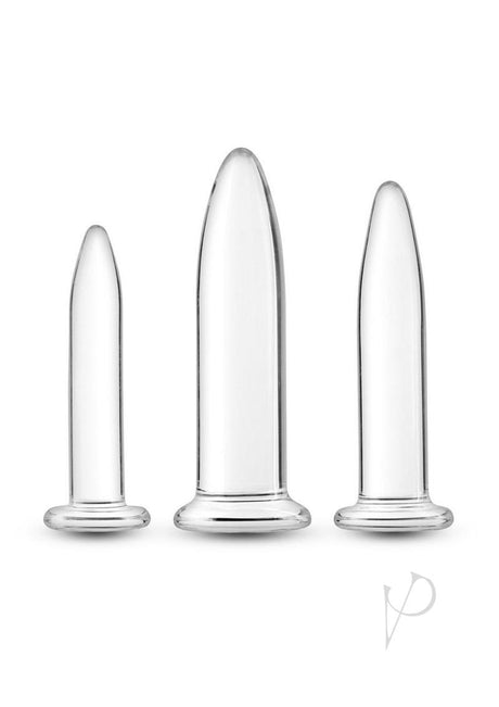 Crystal Trainer Glass Anal Plugs Kit 3pc Set Clear featuring graduated plugs for comfort and pleasure.