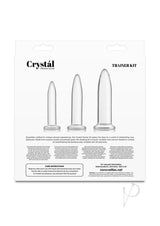 Crystal Trainer Glass Anal Plugs Kit 3pc Set Clear packaging showcasing three graduated plugs for enhanced pleasure.