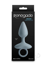 Renegade Orion Rechargeable Silicone Anal Plug Gray packaging featuring a sleek vibrating plug design.