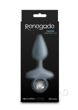 Renegade Orion Rechargeable Silicone Anal Plug Gray packaging with elegant design and details on use.