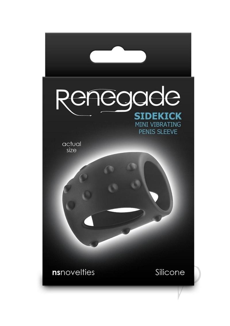 Renegade Sidekick Rechargeable Silicone Penis Sleeve Black packaging with mini vibrating penis sleeve design.