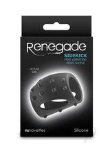 Renegade Sidekick Rechargeable Silicone Penis Sleeve Black packaging with mini vibrating penis sleeve design.