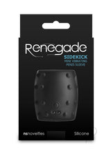 Renegade Sidekick Rechargeable Silicone Penis Sleeve Black packaging design with a sleek black finish.