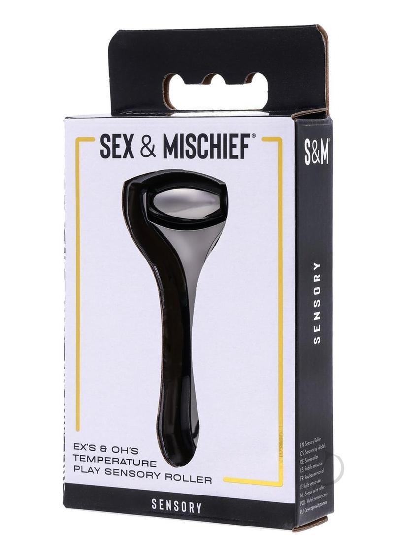 Sex and Mischief Ex's & Oh's Temperature Play Roller Black packaging showcasing a sleek design for sensory fun.